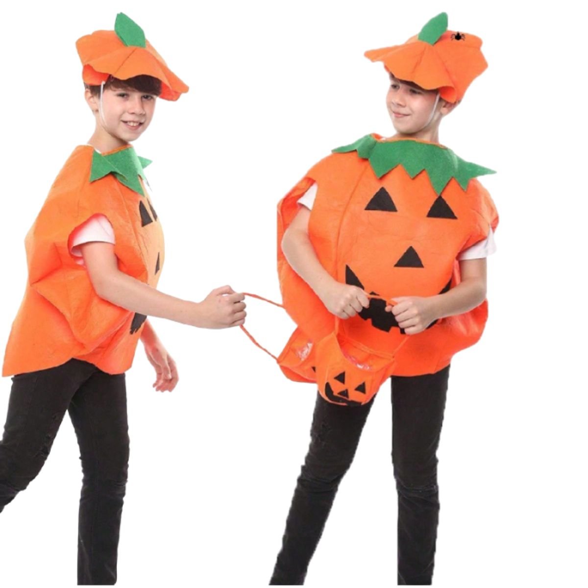 Feather & Fawn Kids Pumpkin Halloween Costume Set | 3 - Piece Outfit with Hat, Cloak & Pumpkin Bag (Fits Ages 3–10 Years) Halloween
