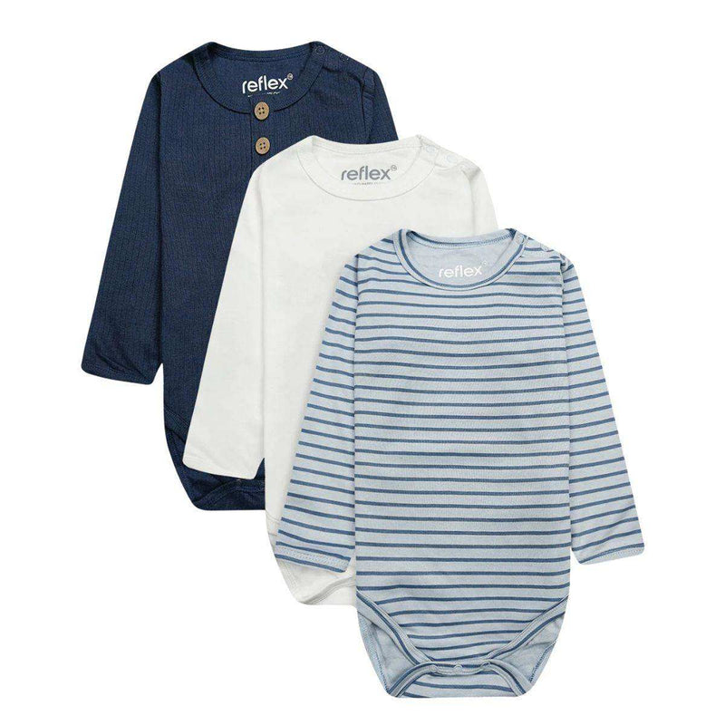 Feather & Fawn long sleeve baby bodysuits three pack in navy, white, and blue stripe