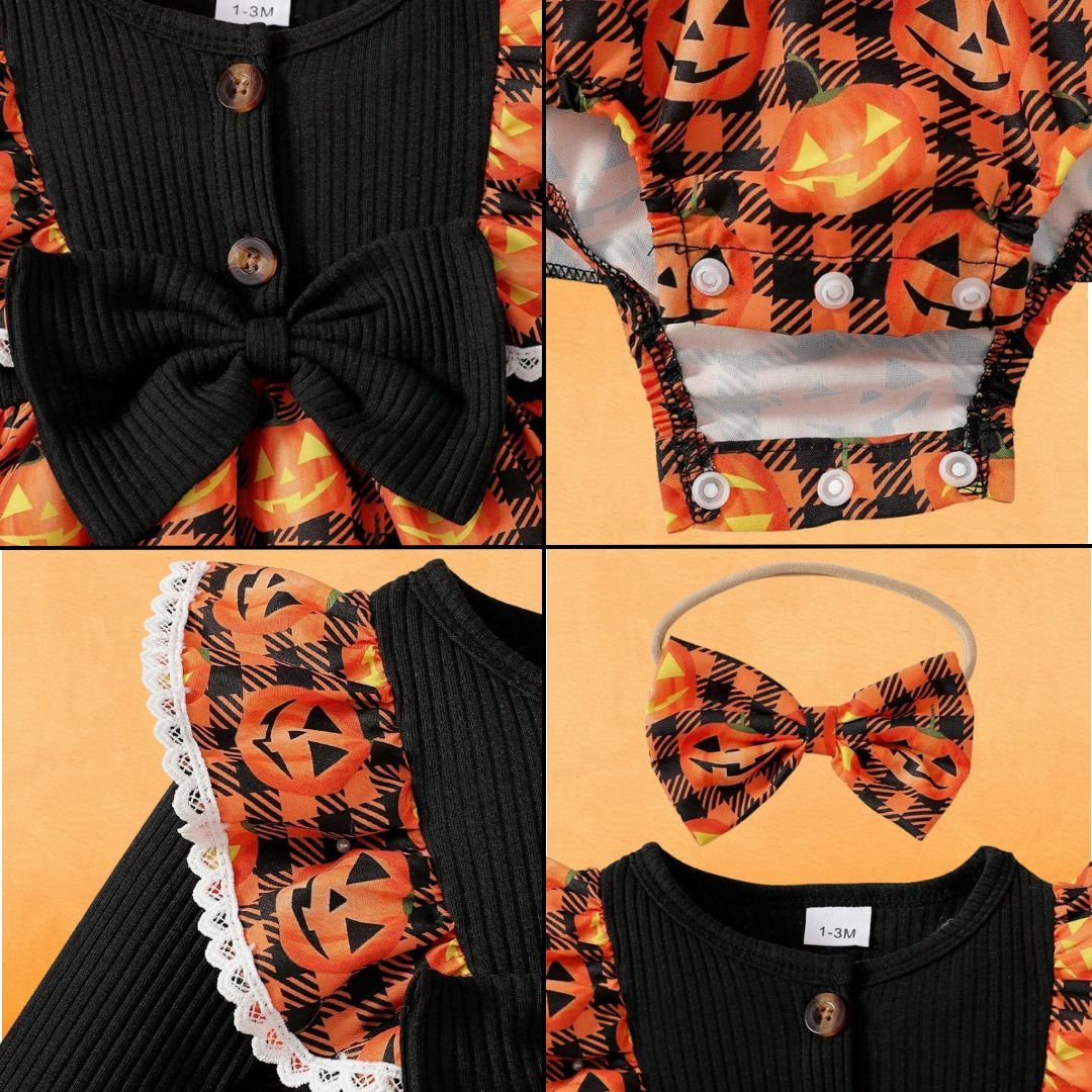 Feather & Fawn Newborn Baby Girl Halloween Outfit | 3 - Piece Pumpkin Plaid Romper Set with Bow Headband & Leg Warmers (1–3 Months / 56–62cm) Halloween