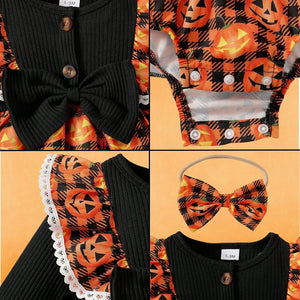 Feather & Fawn Newborn Baby Girl Halloween Outfit | 3 - Piece Pumpkin Plaid Romper Set with Bow Headband & Leg Warmers (1–3 Months / 56–62cm) Halloween