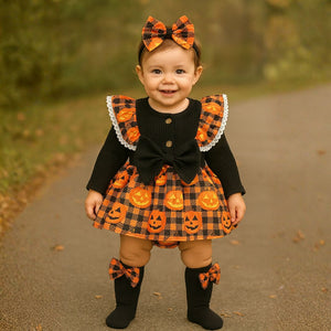 Feather & Fawn Newborn Baby Girl Halloween Outfit | 3 - Piece Pumpkin Plaid Romper Set with Bow Headband & Leg Warmers (1–3 Months / 56–62cm) Halloween