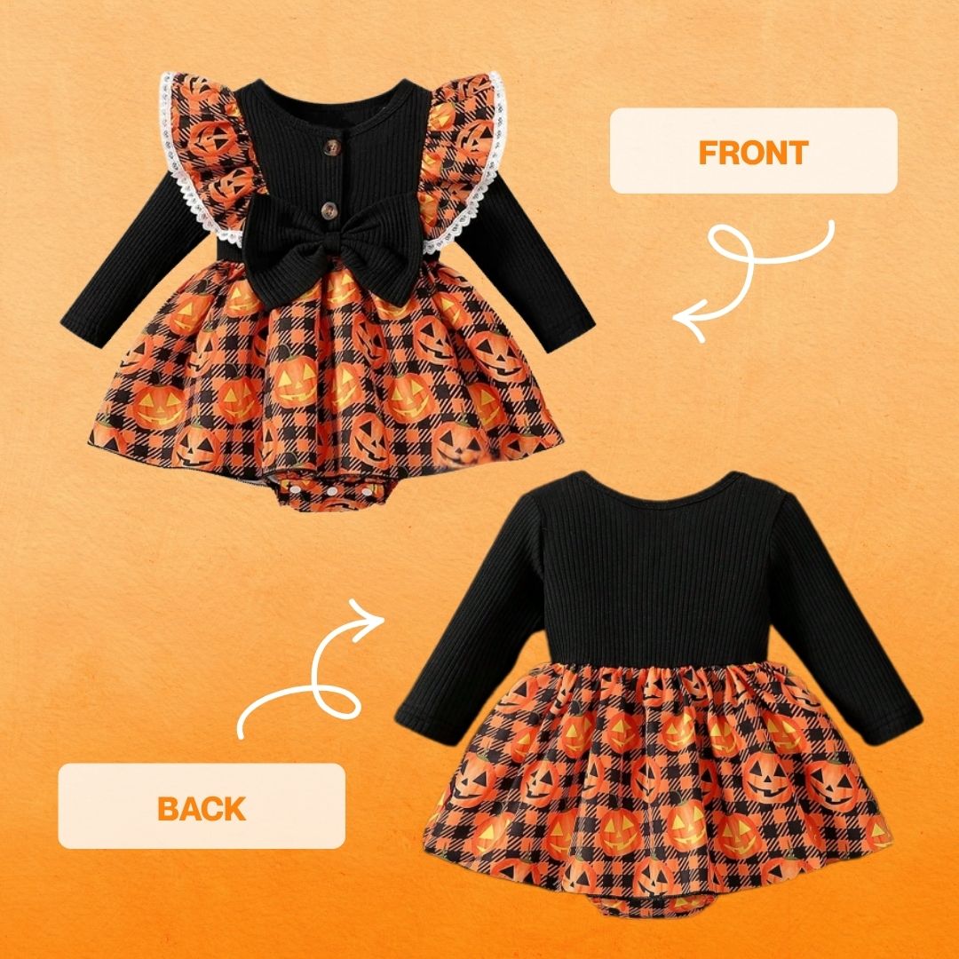 Feather & Fawn Newborn Baby Girl Halloween Outfit | 3 - Piece Pumpkin Plaid Romper Set with Bow Headband & Leg Warmers (1–3 Months / 56–62cm) Halloween