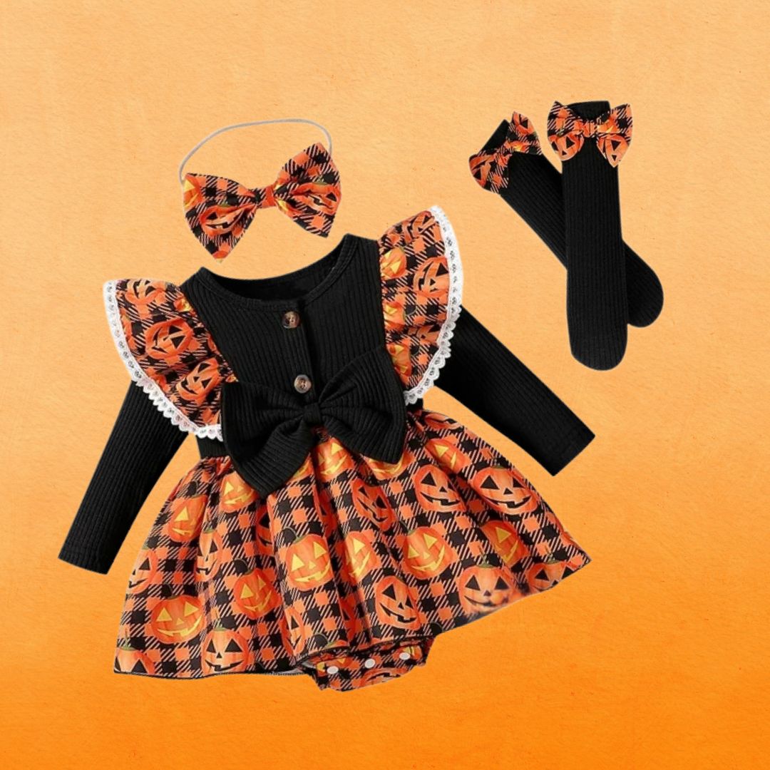 Feather & Fawn Newborn Baby Girl Halloween Outfit | 3 - Piece Pumpkin Plaid Romper Set with Bow Headband & Leg Warmers (1–3 Months / 56–62cm) Halloween