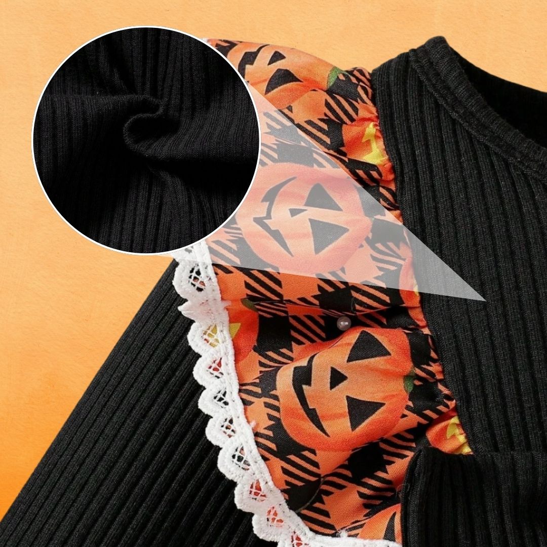 Feather & Fawn Newborn Baby Girl Halloween Outfit | 3 - Piece Pumpkin Plaid Romper Set with Bow Headband & Leg Warmers (1–3 Months / 56–62cm) Halloween