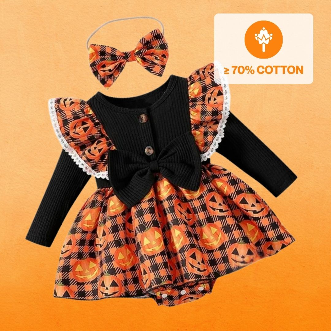 Feather & Fawn Newborn Baby Girl Halloween Outfit | 3 - Piece Pumpkin Plaid Romper Set with Bow Headband & Leg Warmers (1–3 Months / 56–62cm) Halloween