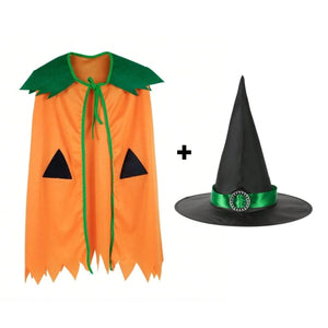 Feather & Fawn Pumpkin Cloak with Witch Hat | Kids Halloween Costume Cape Set Halloween