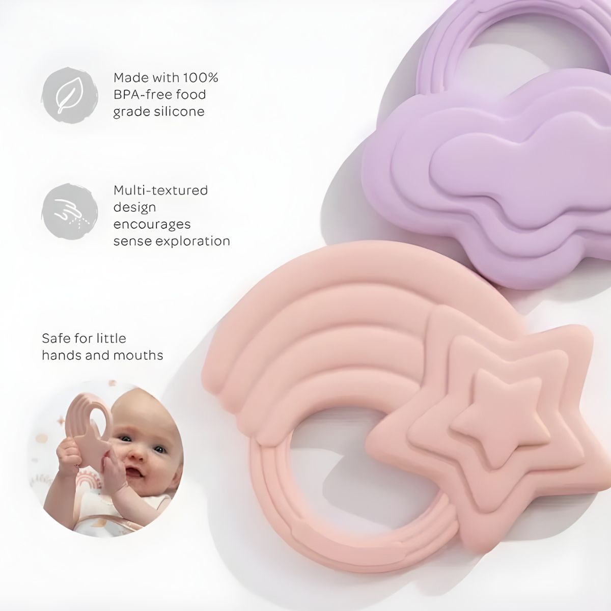 Living Textiles 2 Pack Silicone Teether | Stars & Cloud Pink Teether