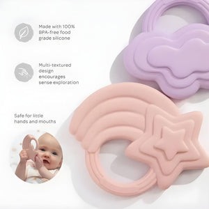Living Textiles 2 Pack Silicone Teether | Stars & Cloud Pink Teether