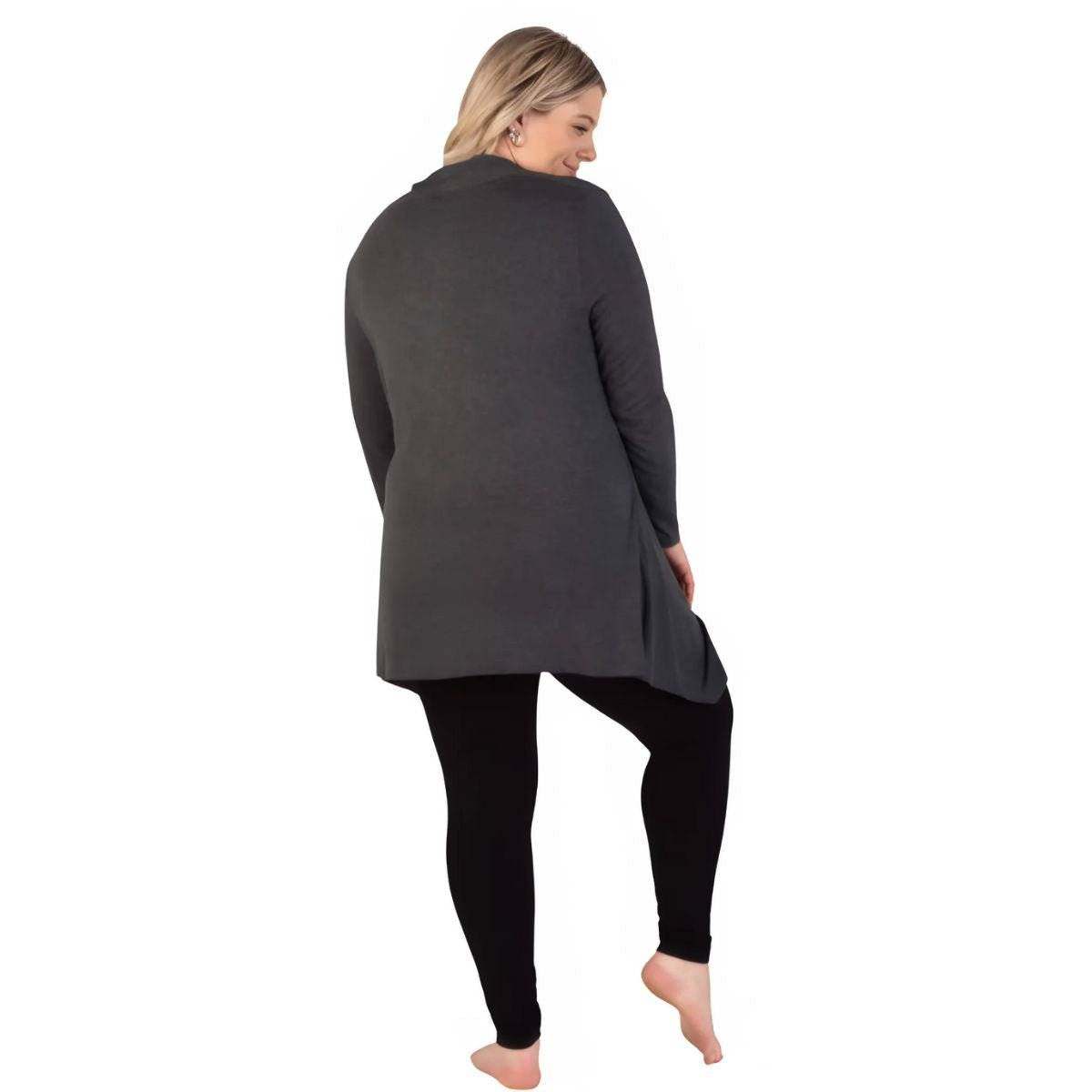 Maternity Leggings in black with a smooth, close-fitting stretch knit and full-length legs worn under a long grey top