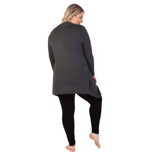 Maternity Leggings in black with a smooth, close-fitting stretch knit and full-length legs worn under a long grey top