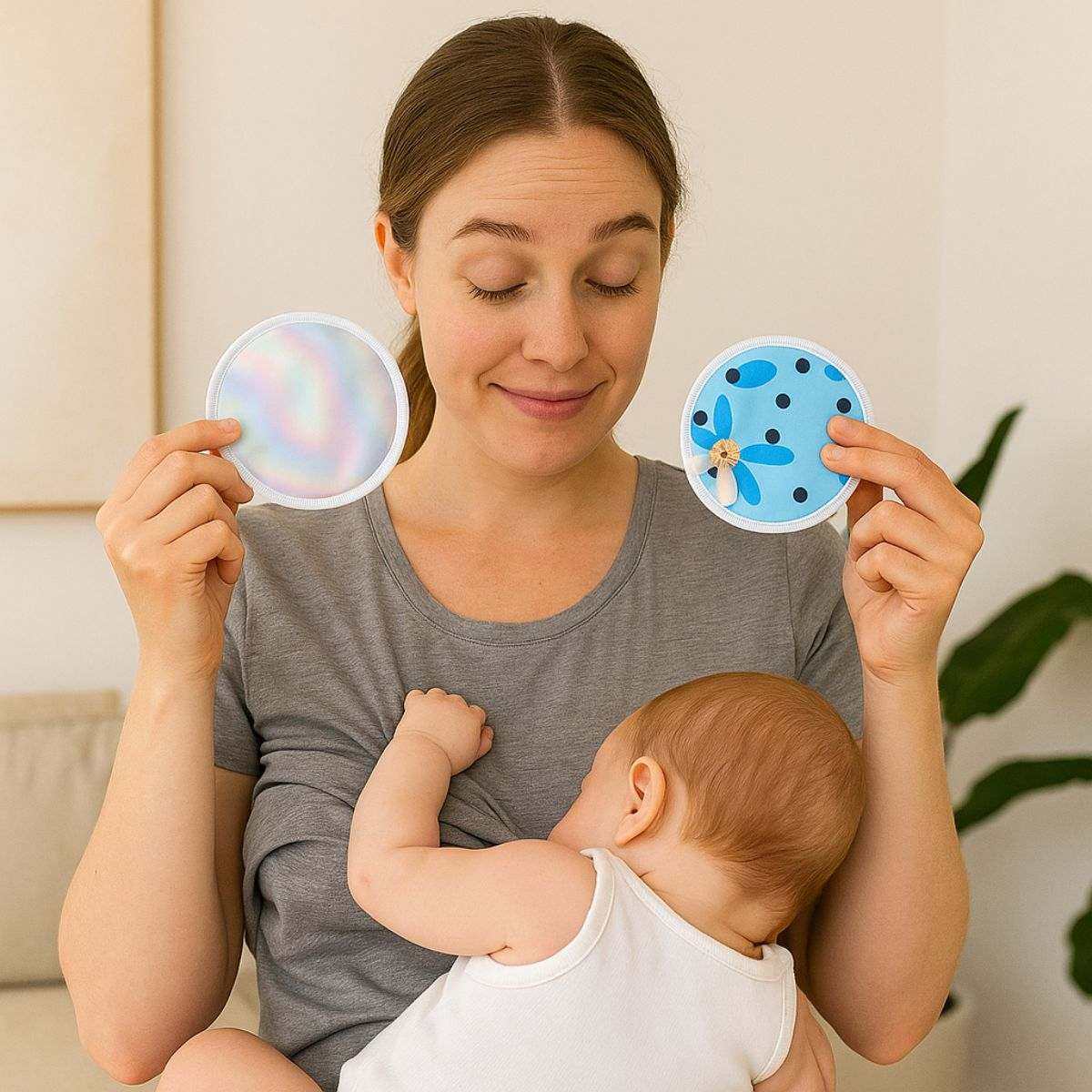 Six reusable bamboo nursing pads with laundry bag