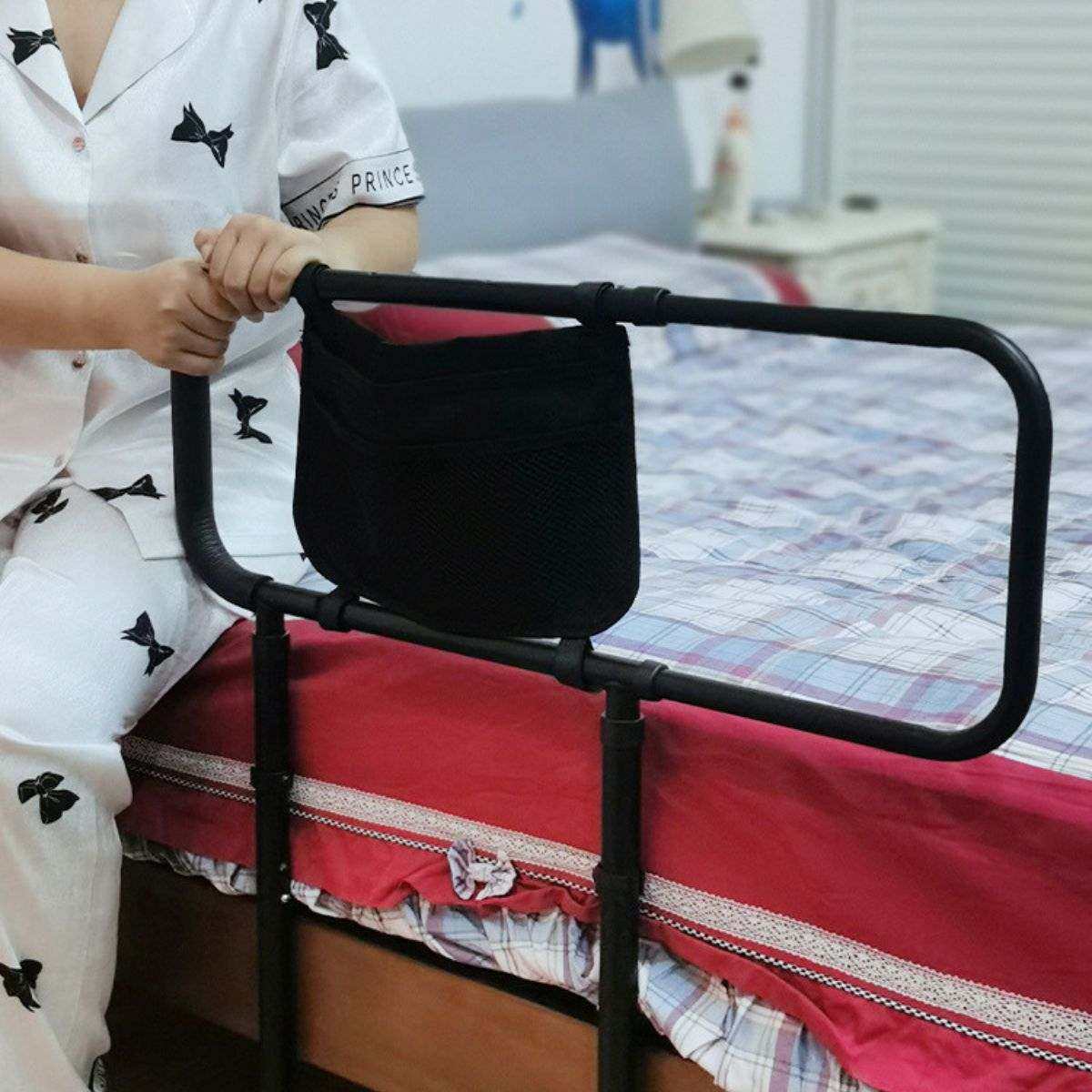 RiseEase adjustable bed rails for elderly with foam handle and storage pockets
