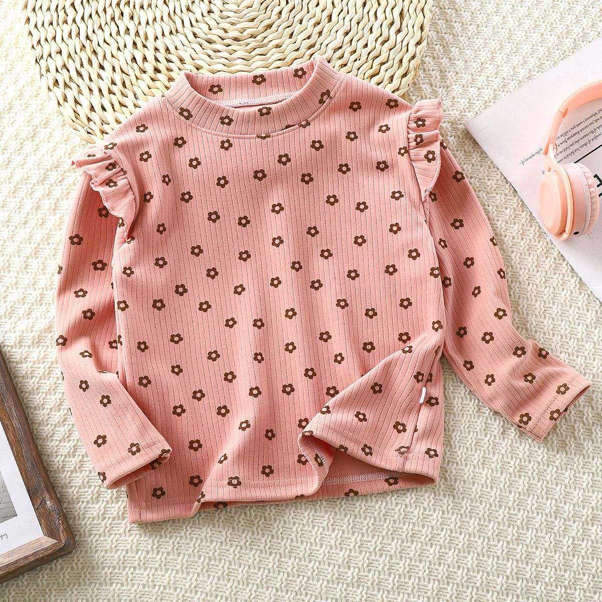 Feather & Fawn toddler ribbed ruffle long sleeve top in cream floral print