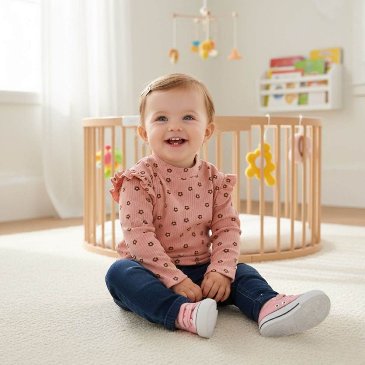 Toddler wearing Feather & Fawn ribbed ruffle long sleeve top