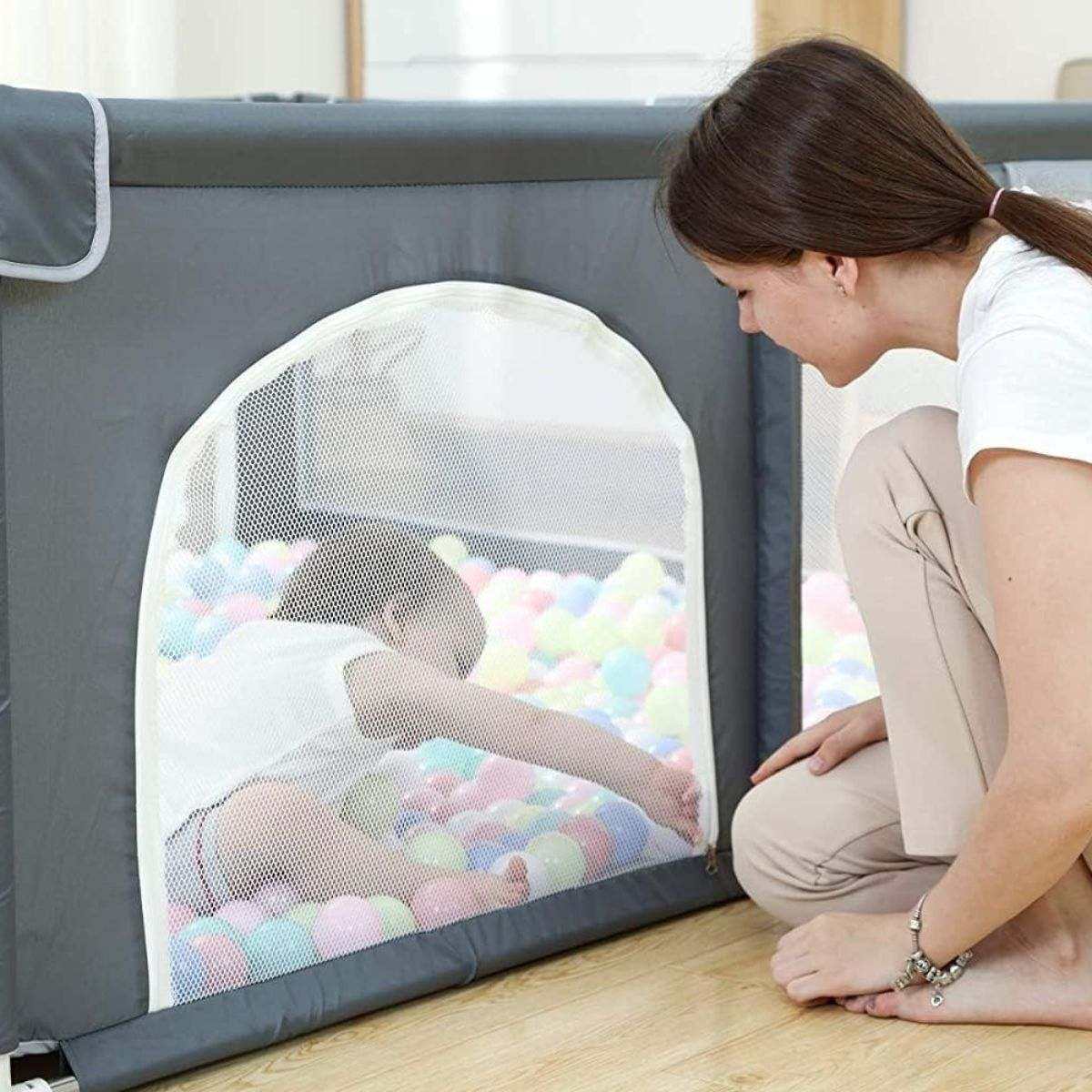 Toddly Explorer Max large baby playpen with mesh walls and zip door