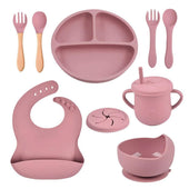 Toddly MealMate 10-piece silicone and wooden baby feeding set with suction plate and utensils for baby-led weaning and self-feeding
