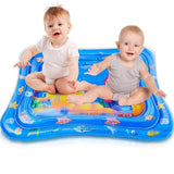 BabiesMart Tummy Time Water Play Mat with two babies seated on bright blue inflatable mat with marine animal designs