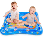 BabiesMart Tummy Time Water Play Mat with two babies seated on bright blue inflatable mat with marine animal designs