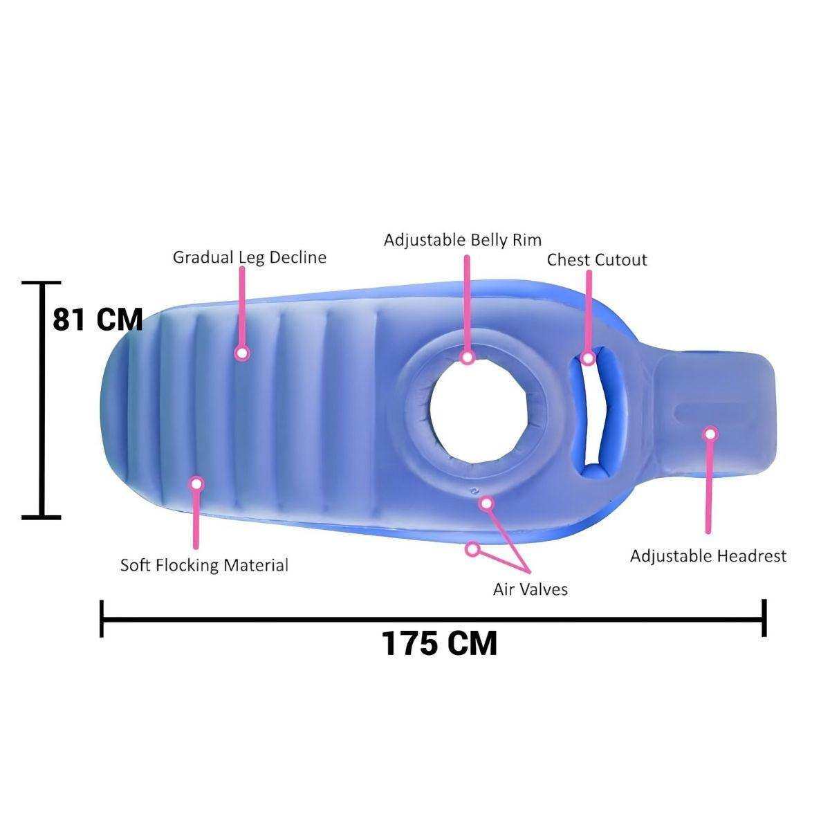 Inflatable pregnancy pillow with adjustable belly rim, chest cutout, headrest, soft flocking surface, and air valves