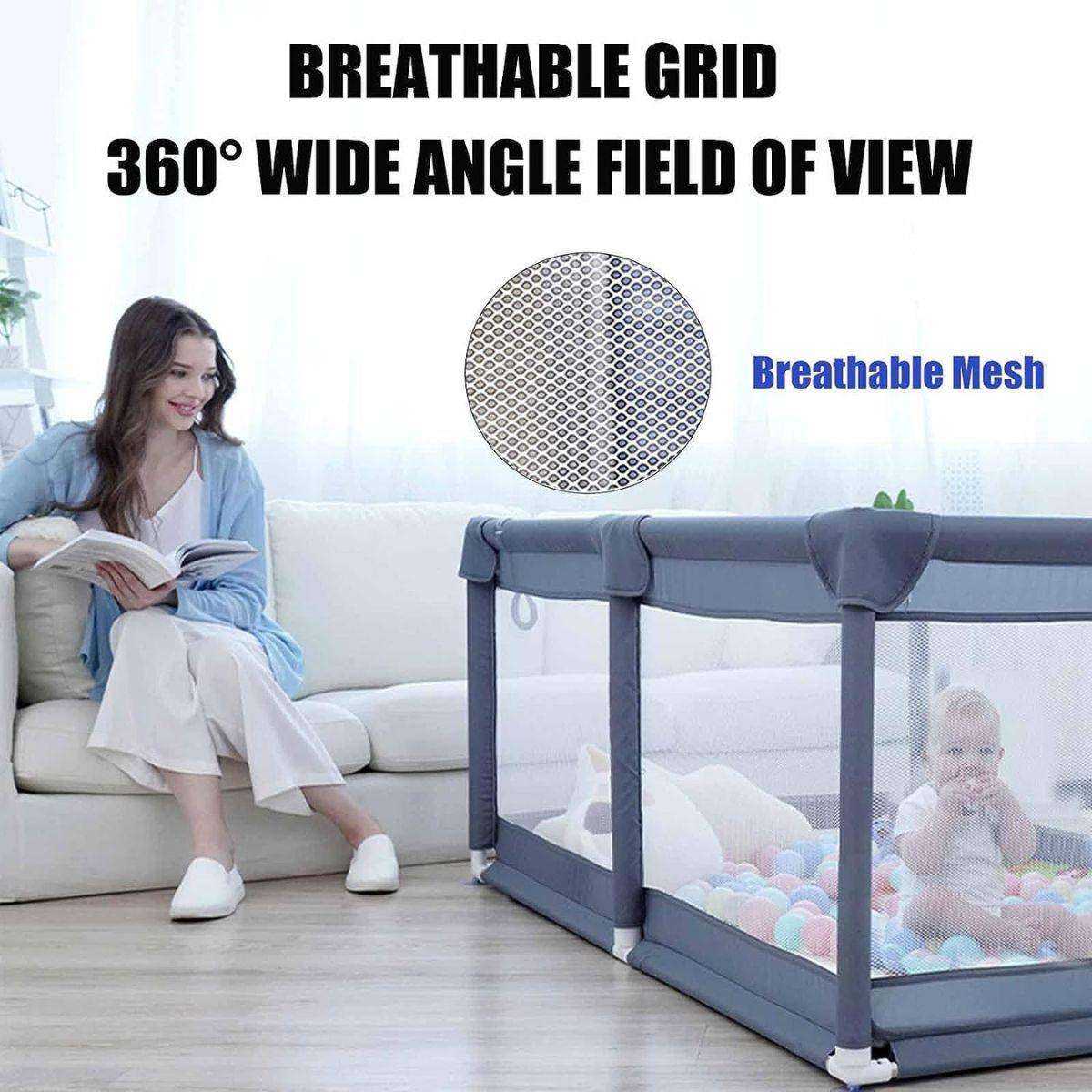 Toddly Explorer Max baby playpen with breathable mesh and 360-degree view