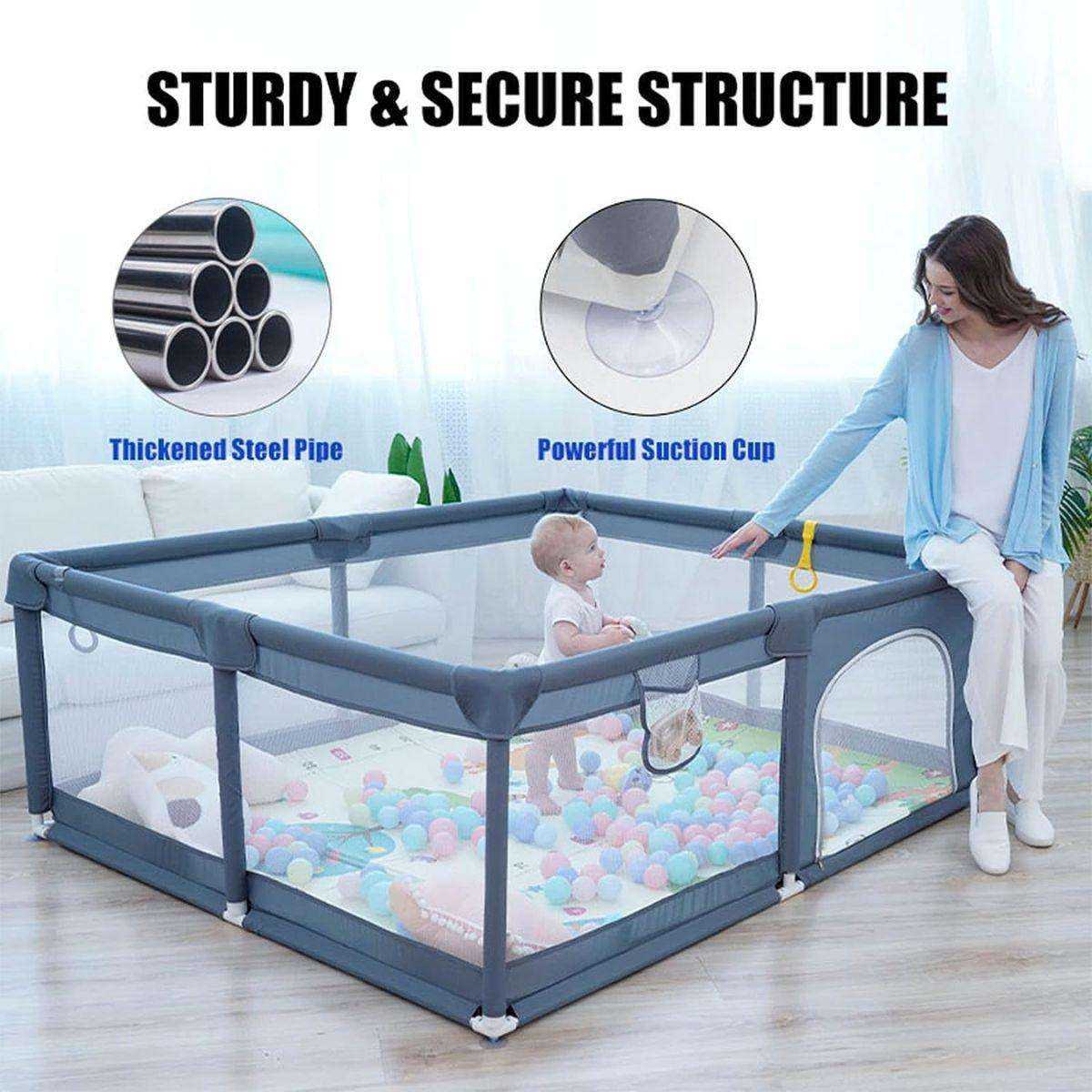 Toddly Explorer Max baby playpen with mesh walls, zip door, and pull-up rings