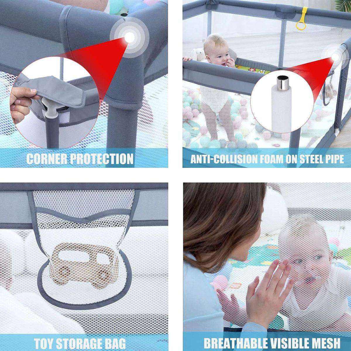 Toddly Explorer Max baby playpen features corner protection, anti-collision foam, toy storage bag, and breathable mesh
