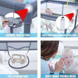 Toddly Explorer Max baby playpen features corner protection, anti-collision foam, toy storage bag, and breathable mesh
