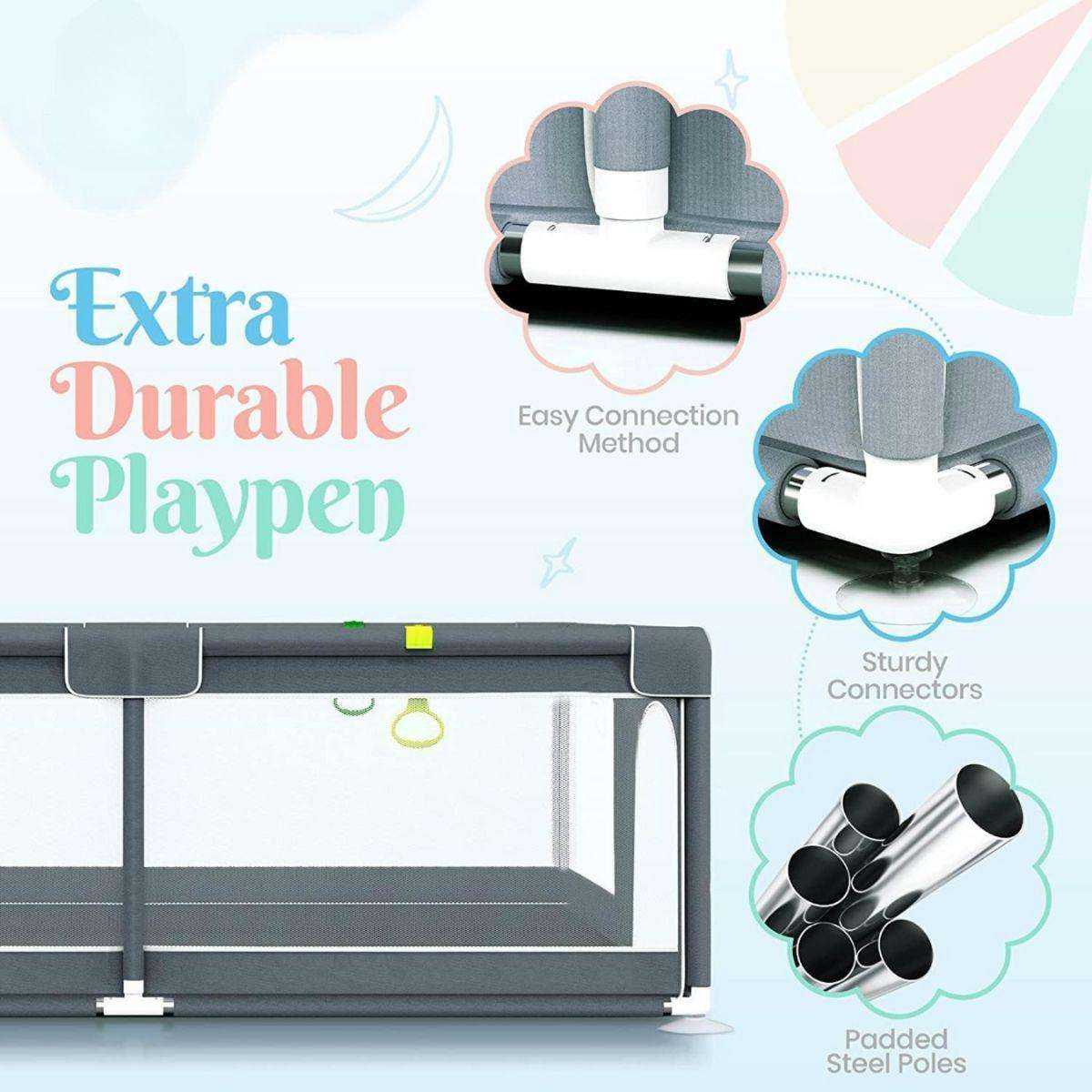 Toddly Explorer Max baby playpen with mesh sides, sturdy steel frame, and easy connection